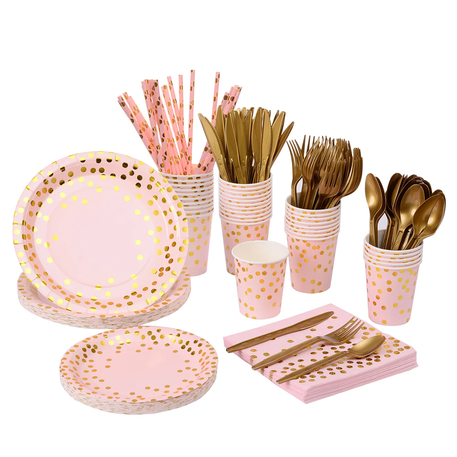 200 PCS Light Pink Gold Dot Tableware Set,Serves 25 Party Girl Baby Shower Birthday Paper Straws Napkins Plates Cups Cutlery Kit