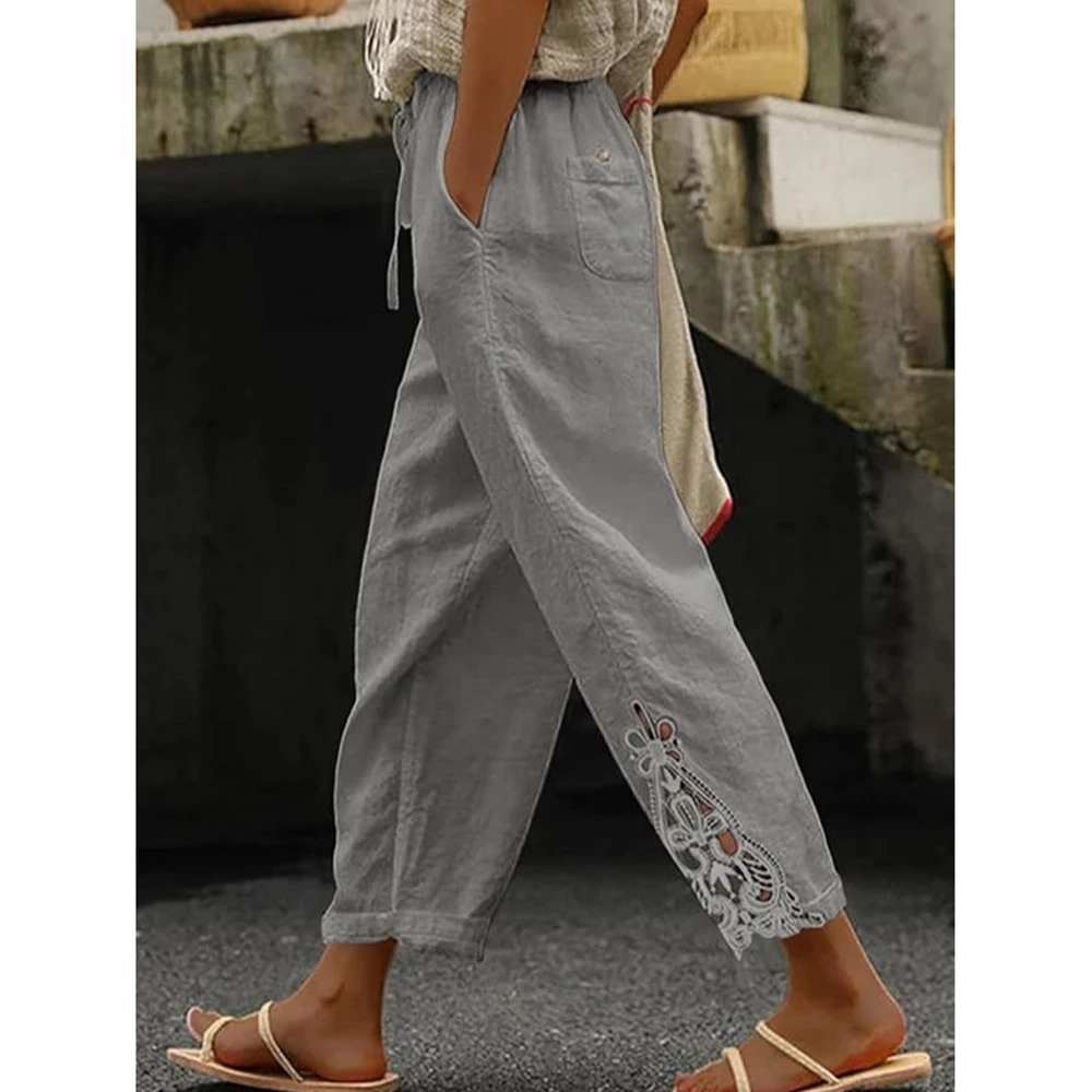 

2025 Women's Contrast Lace Hem Pocket Design Back Pants Elastic Drawstring Waist Straight Leg Trouses Casual Summer Wear