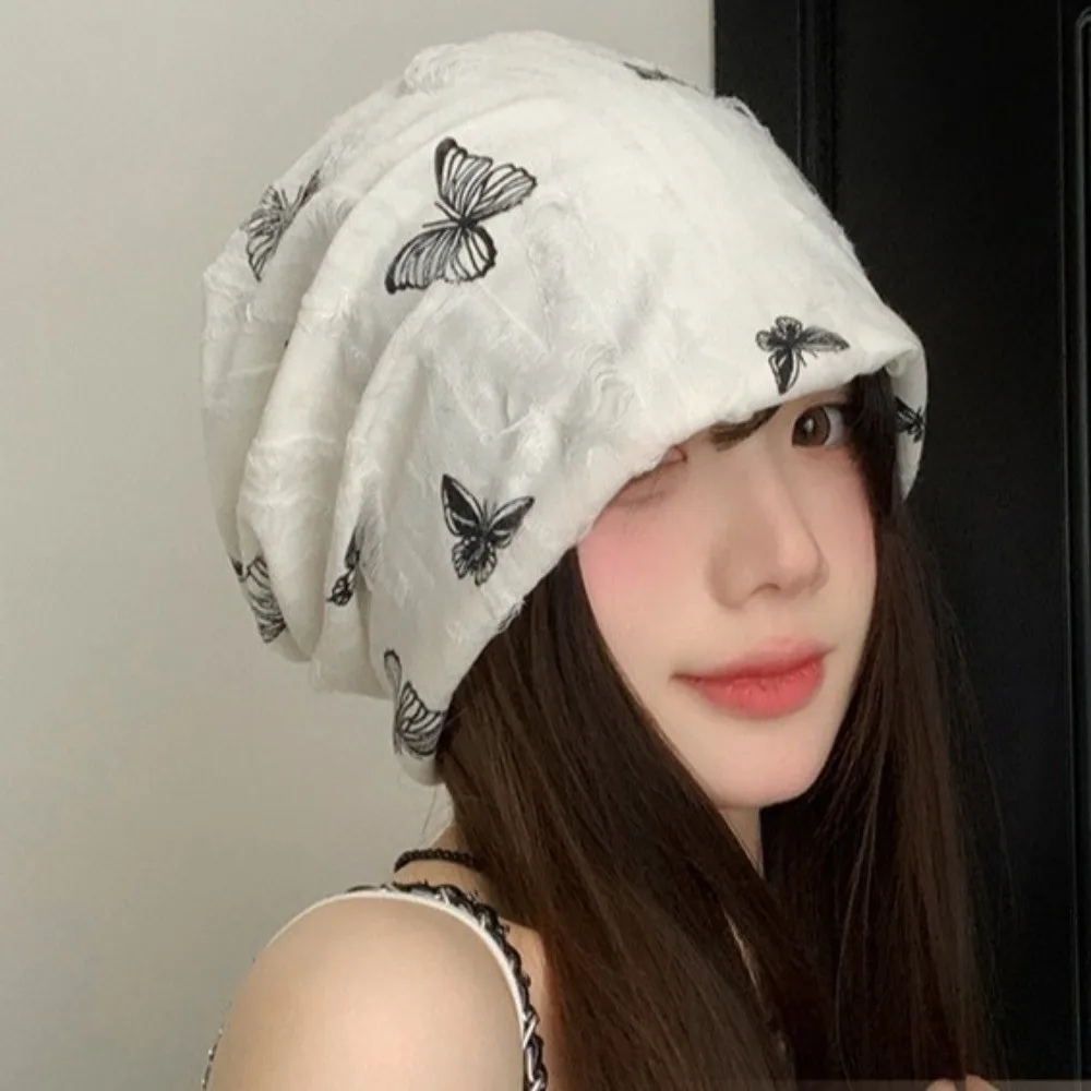 Weiche Löcher Schmetterling Drucken Mützen Verdickte Kältebeständige Fleece Mützen Baggy Koreanischen Stil Plüsch Pullover Hut Herbst