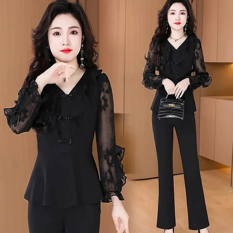 Fashion Sets Women 2024 NEW Spring Autumn V-Neck Patchwork Mesh Long Sleeve Top And Pants 2 Piece Suit Female Black Pants Outfit