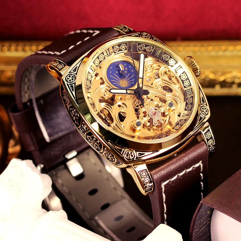 A Men's Brown Leather Strap Fashion Sports Style Roman Numeral Display Tourbillon Fully Automatic Mechanical Watch
