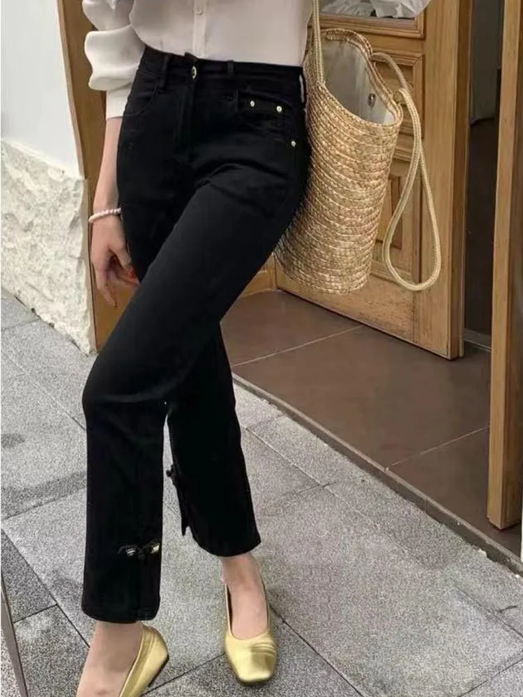 New Chinese Sle Slimming Elastic Denim Cigarette Pants High Waist Straight Leg Jeans Women's Autumn New Arrival Nine Points