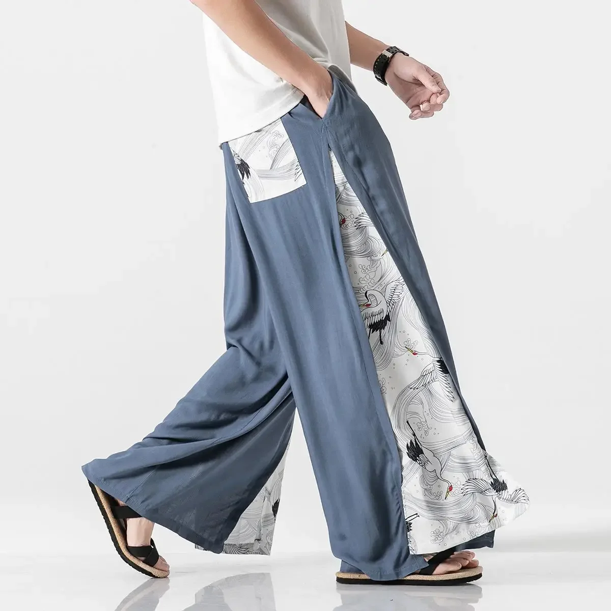 

2023 Cotton Linen Wide Leg Pants Men Women Chinese Style Patchwork Vintage Leisure Trousers Summer Harem Pants Male Baggy Pants