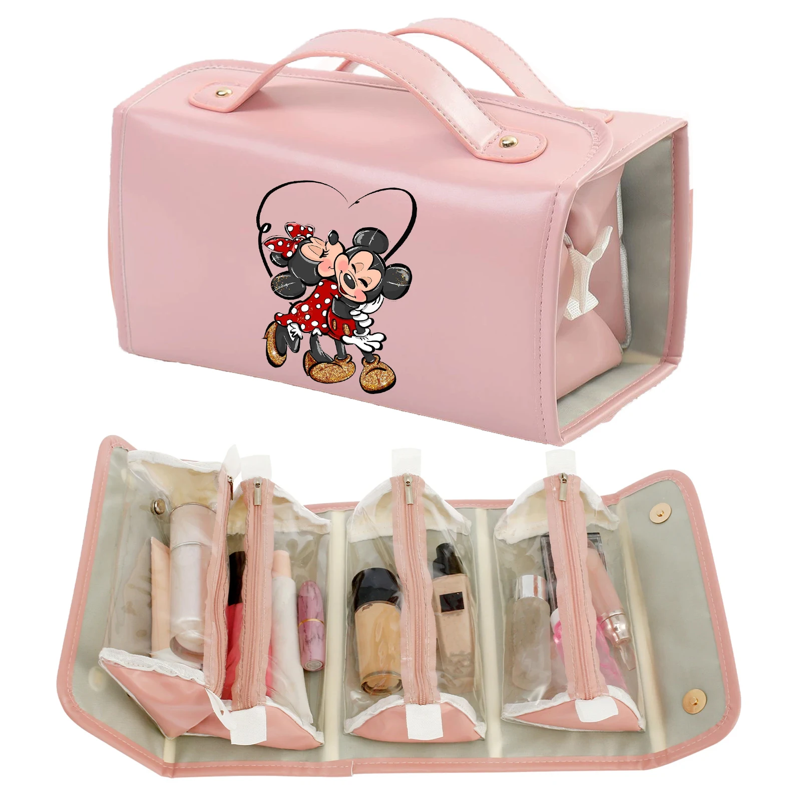 Mickey Minnie Large Capacity Toiletry Bag PU Leather Travel Cosmetic Bag Women Makeup Case Portable Toiletry Organizer Removable