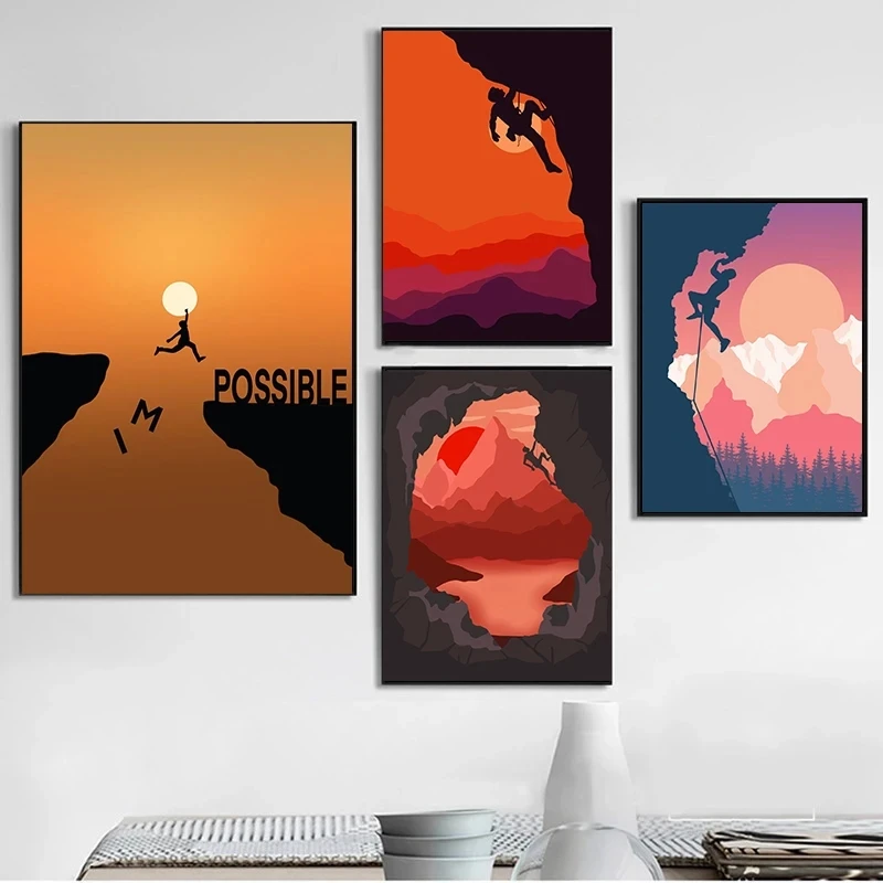 Abstract Rock Climbing Adventure Posters and Prints Canvas Painting Mountain Sun Wall Art Pictures for Living Room Home Decor