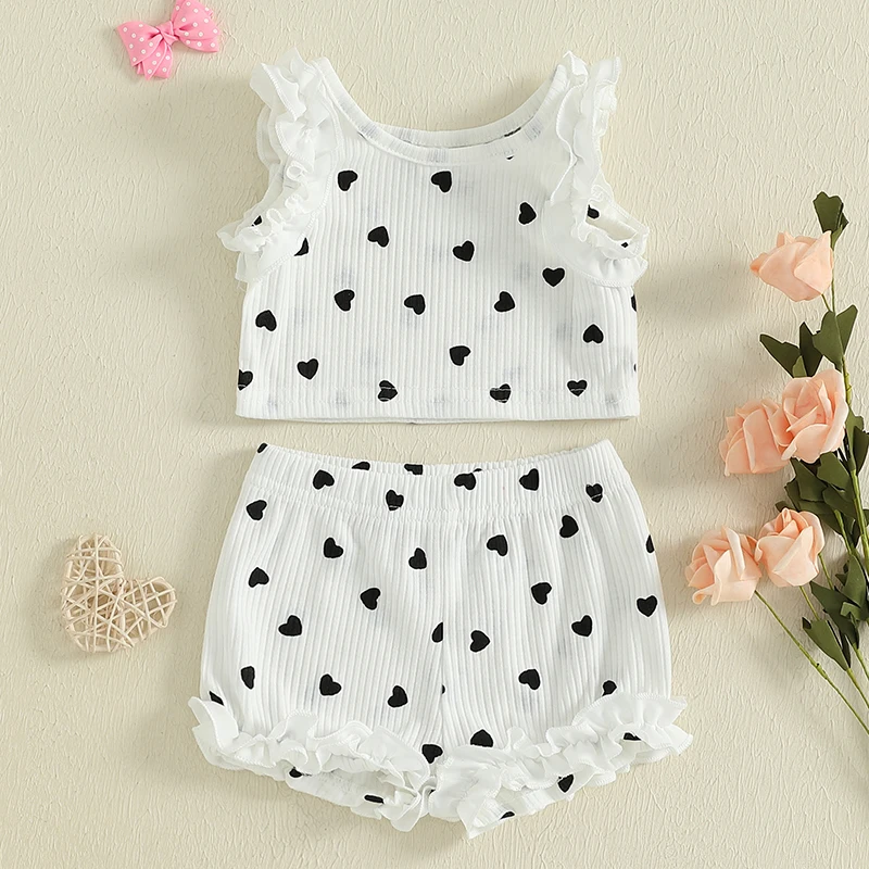 

0-24 Months Baby Girls 2 Piece Outfits Sleeveless O Neck Ruffle Trim Heart Print Tank Tops and Shorts Sets