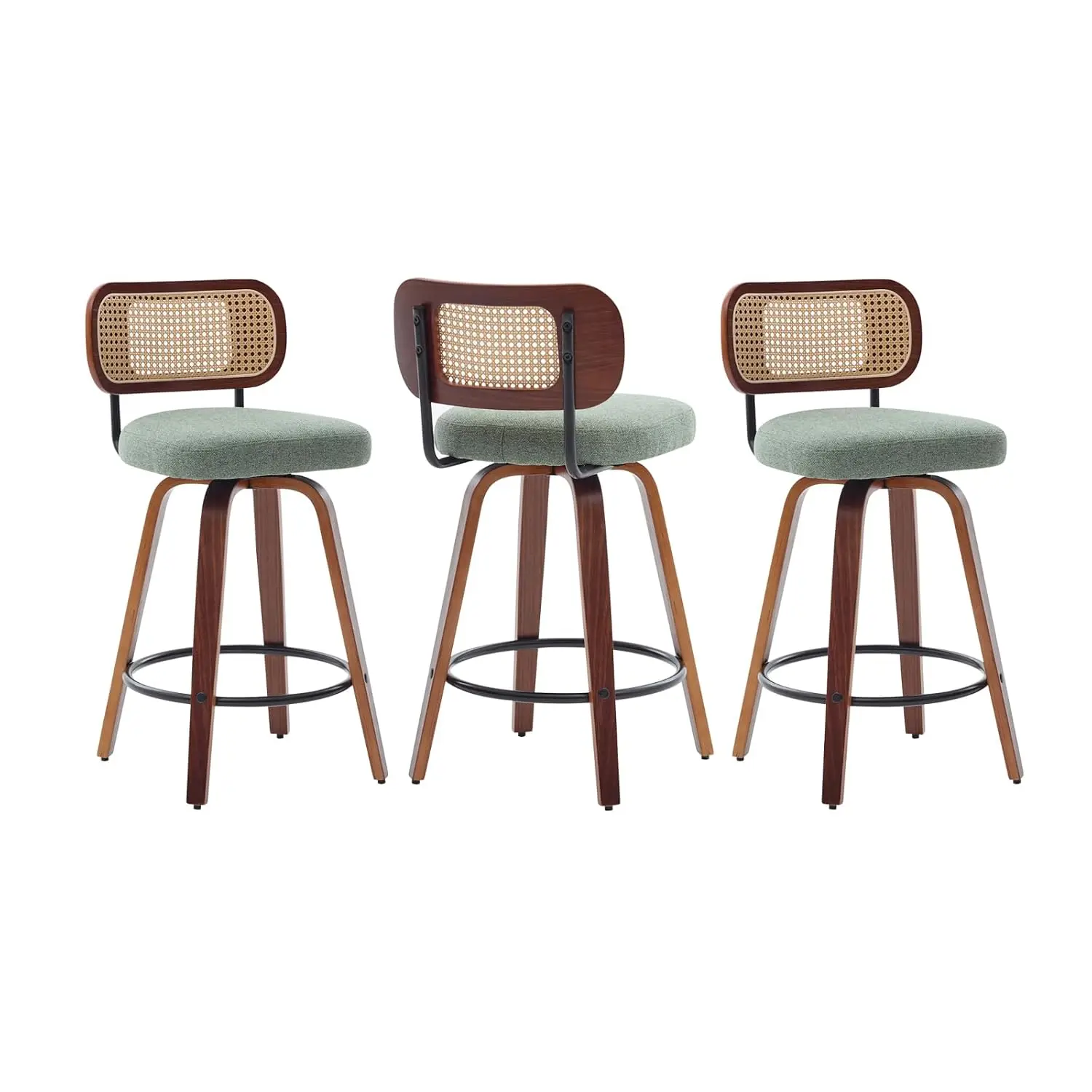 Rattan Swivel Bar Stools Set of 3, Linen Seat, Light Green, Customized