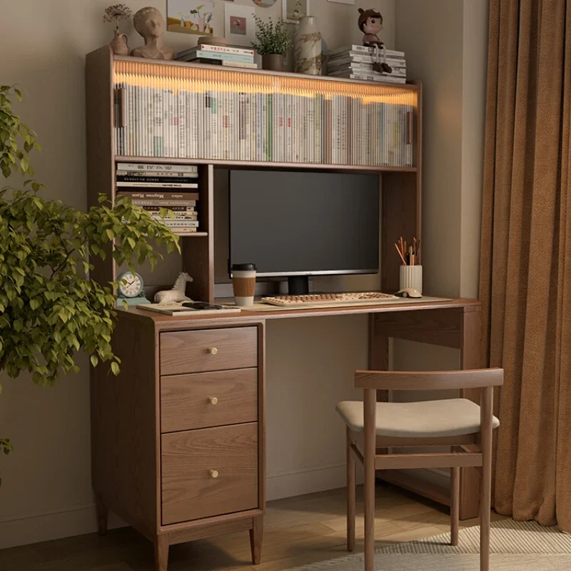 Solid Wood Desk Bookshelf Integrated Table Student Household Study Table Bedroom Desk Small Apartment Desktop Computer Table