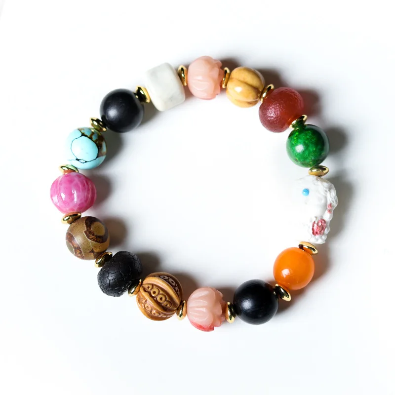 Yak Bone Antler Root Carved Multi Treasure Beaded Bracelet Ethnic Style Woven Jewelry Gifts