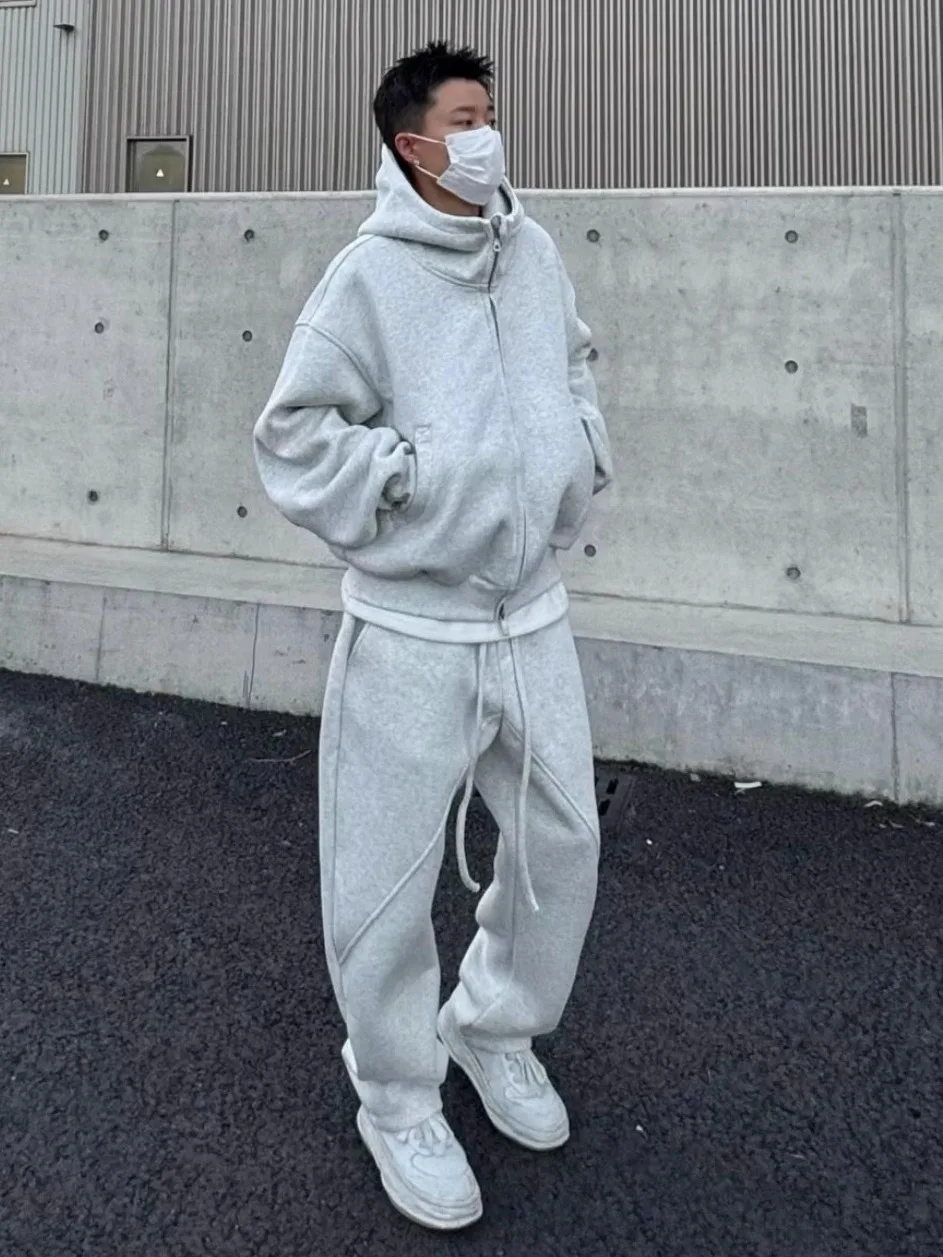 

Men's Faionable Fce-lined Hooded Sweatirt And Straight-leg Pants Two-piece Casual Sportswear Set Autumn Winter