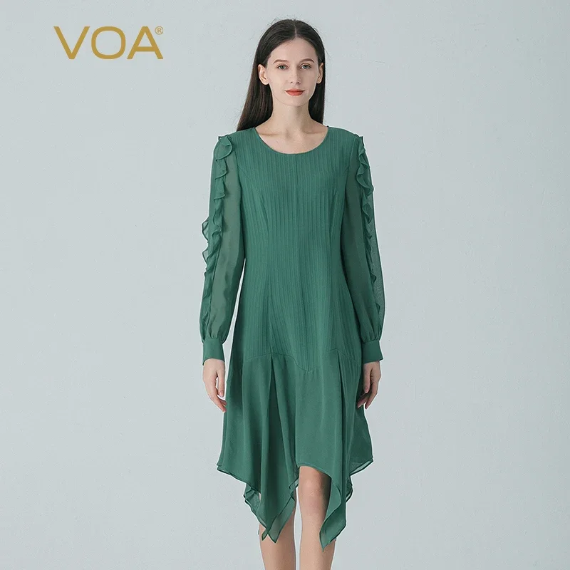 (Fans Exclusive Discount) VOA Real Silk Stripe Green O-neck Shirt Long Sleeve Splicing Curved Hem Silk Party Dress Spring AE1852