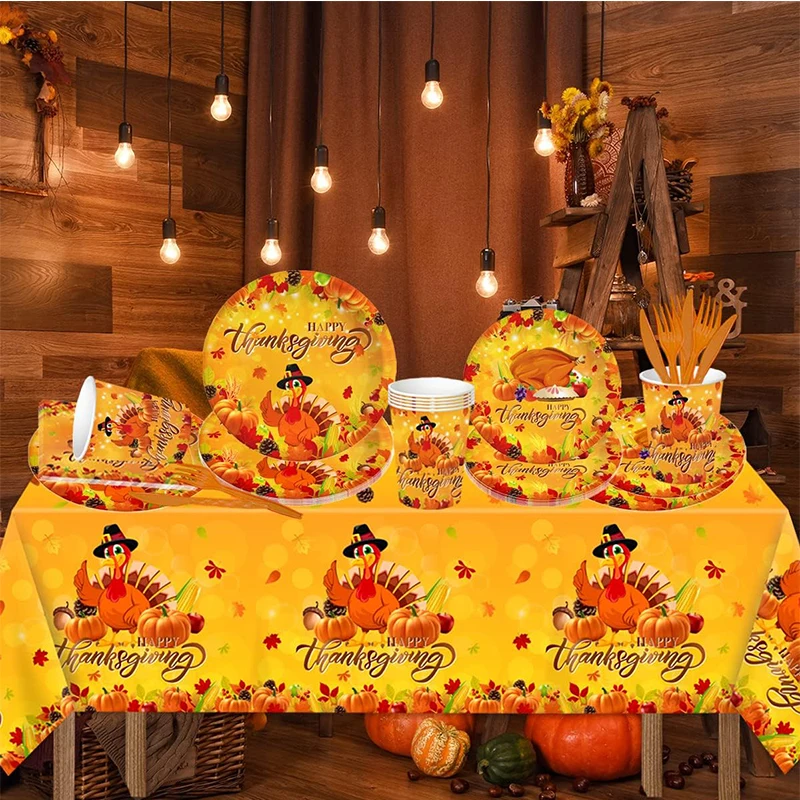 Thanksgiving Party Disposable Tableware Decorations Turkey Paper Plates Napkins Tablecloth Thanksful Fall Festival Home Supplies