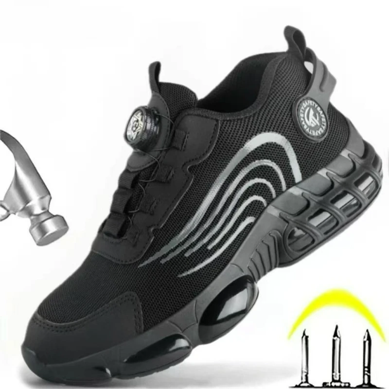 Men Boots Indestructible Safety Shoes Men Rotating Button Steel Toe Shoes Puncture-Proof Breathable Sneakers Non Slip Work Boots