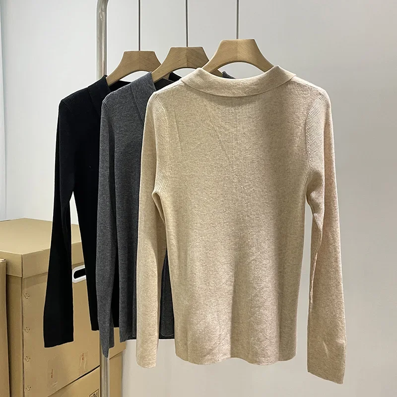 Women\'s Sweater 2023 New Autumn 100% Wool Beading Chain Stretch Slim Casual Long Sleeve Pullover