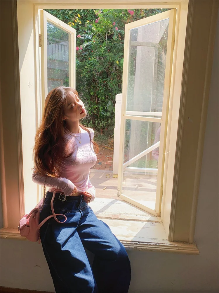 

Женская футболка Slim Fit с длинным рукавом, тонкая, повседневная, универсальная, с алмазным декором и буквенным принтом, круглый вырез горловины