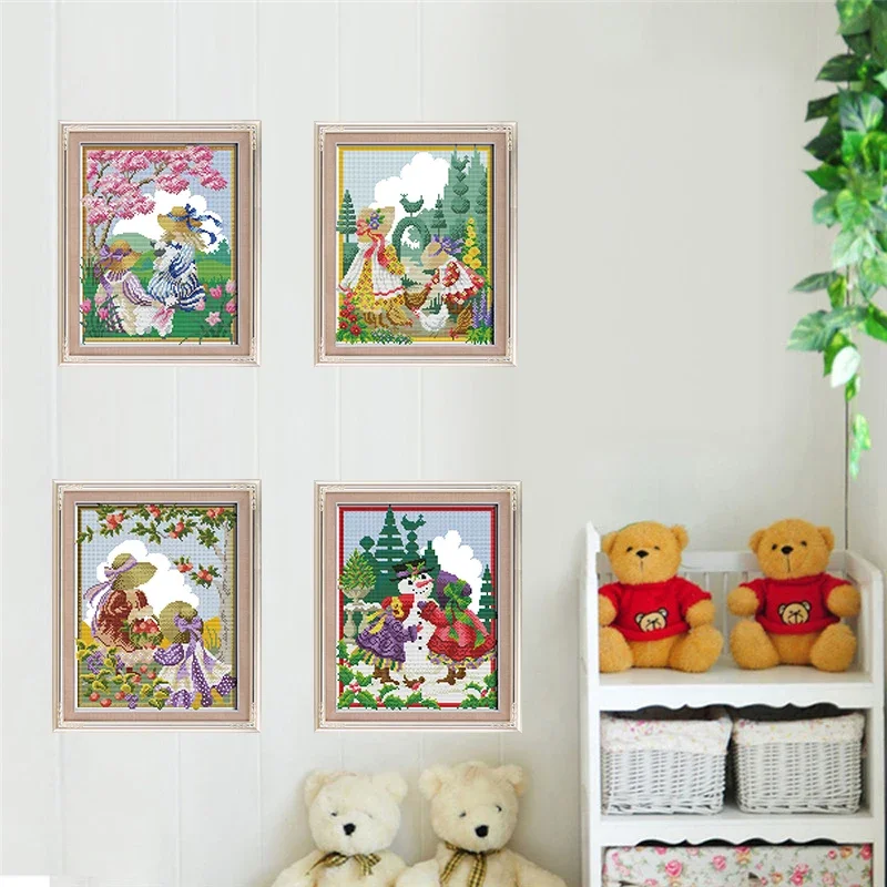 

Cross Stitch Kit DMC Threads 11/16/14CT Fabric Printing Unprinted Needlework Set Home Decor Gift Joy Sunday Four Seasons Girls
