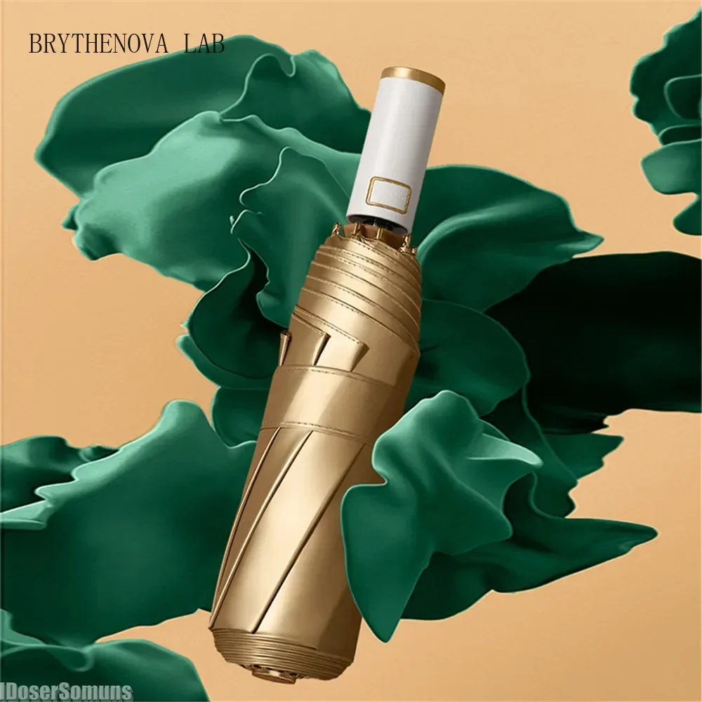 3 Folding Automatic Umbrella Simple Solid Color Windproof 8 Gold Bone UV Protection Sunshade Umbrella Portable Rain Gear