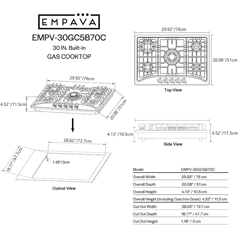 Empava 30 inch cooktop Gas with 5 Italy SABAF Burners, 30" NG/LPG Convertible Dual Fuel Stove