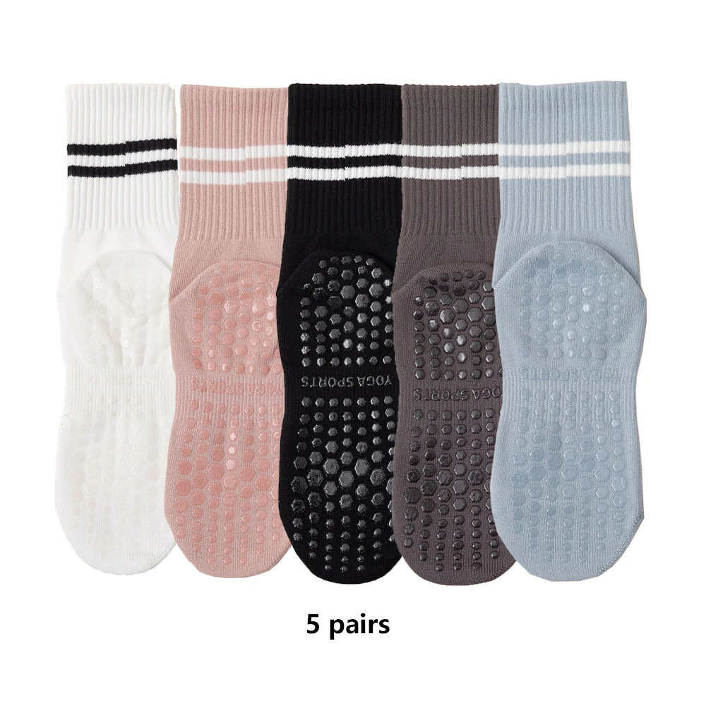 5 Pairs of Yoga Socks, Medium Length Socks, Pure Cotton Anti Slip Silicone Indoor Fitness Pilates, Women'S Sports Socks