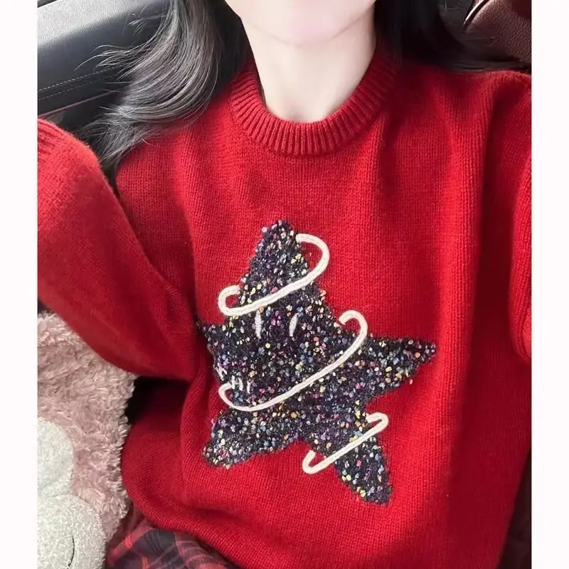 Korean Christmas Red Sweater Pullover Luxury Five-pointed Star Jacquard Sweaters Young Women Sweet Winter Tops Y2k Clothes