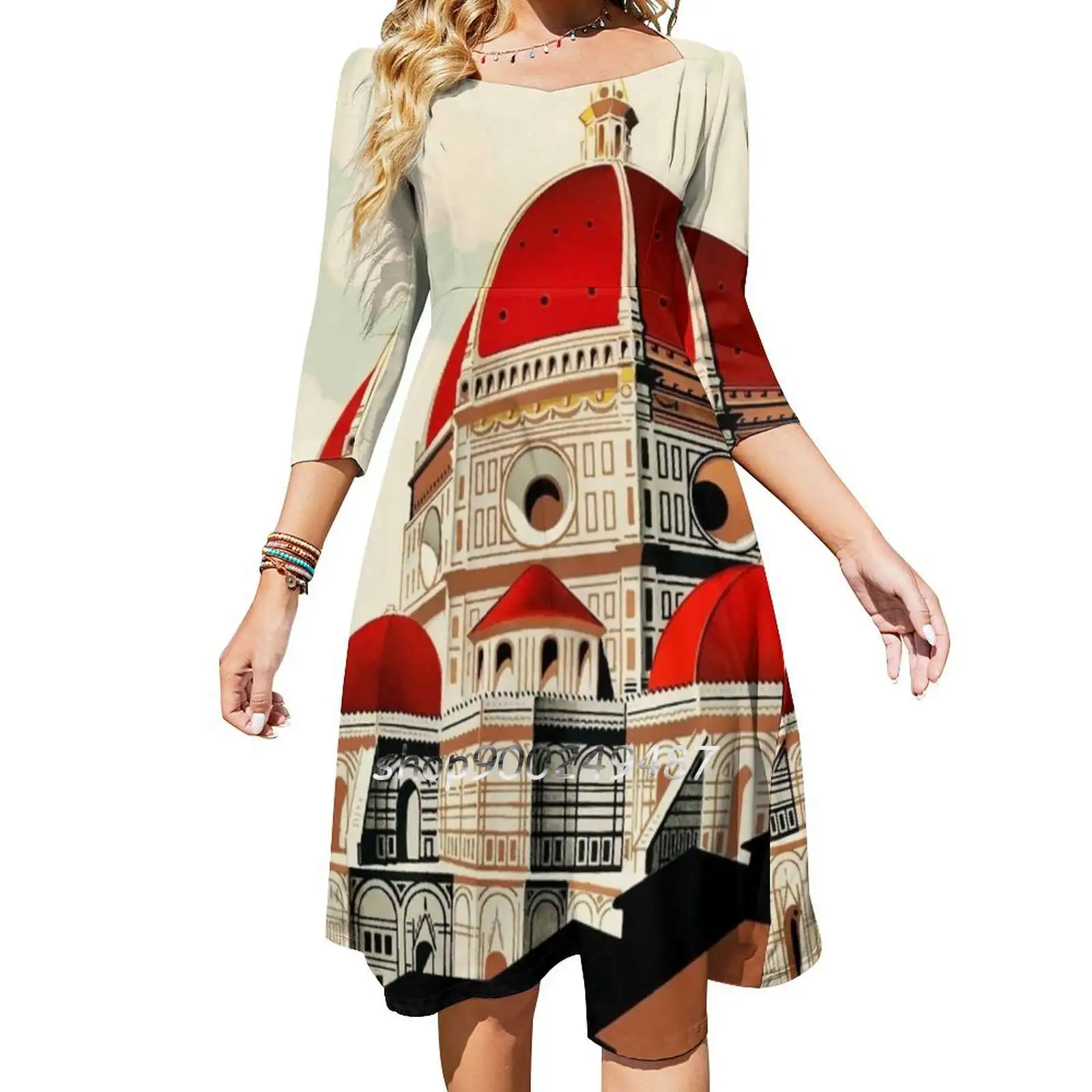 Florence , Italy Travel Poster 1930S Firenze Square Neck Dress New Plus Size Elegant Women Waist Tight Dress Florence Italy