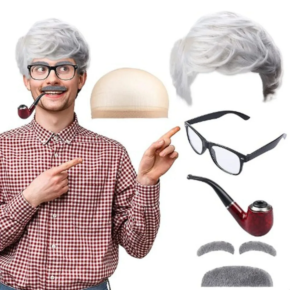 

100 Days of School Old Man Costume Glasses Fake Eyebrow Beard Grandpa Cosplay Gray Wig Pipe Old Man Outfit Accessories