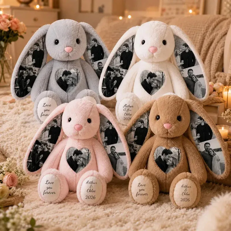 Custom Heart Photo Bunny Plush – Personalized Hidden Ear Picture Bunny Custom Text Anniversary Gift for Couples