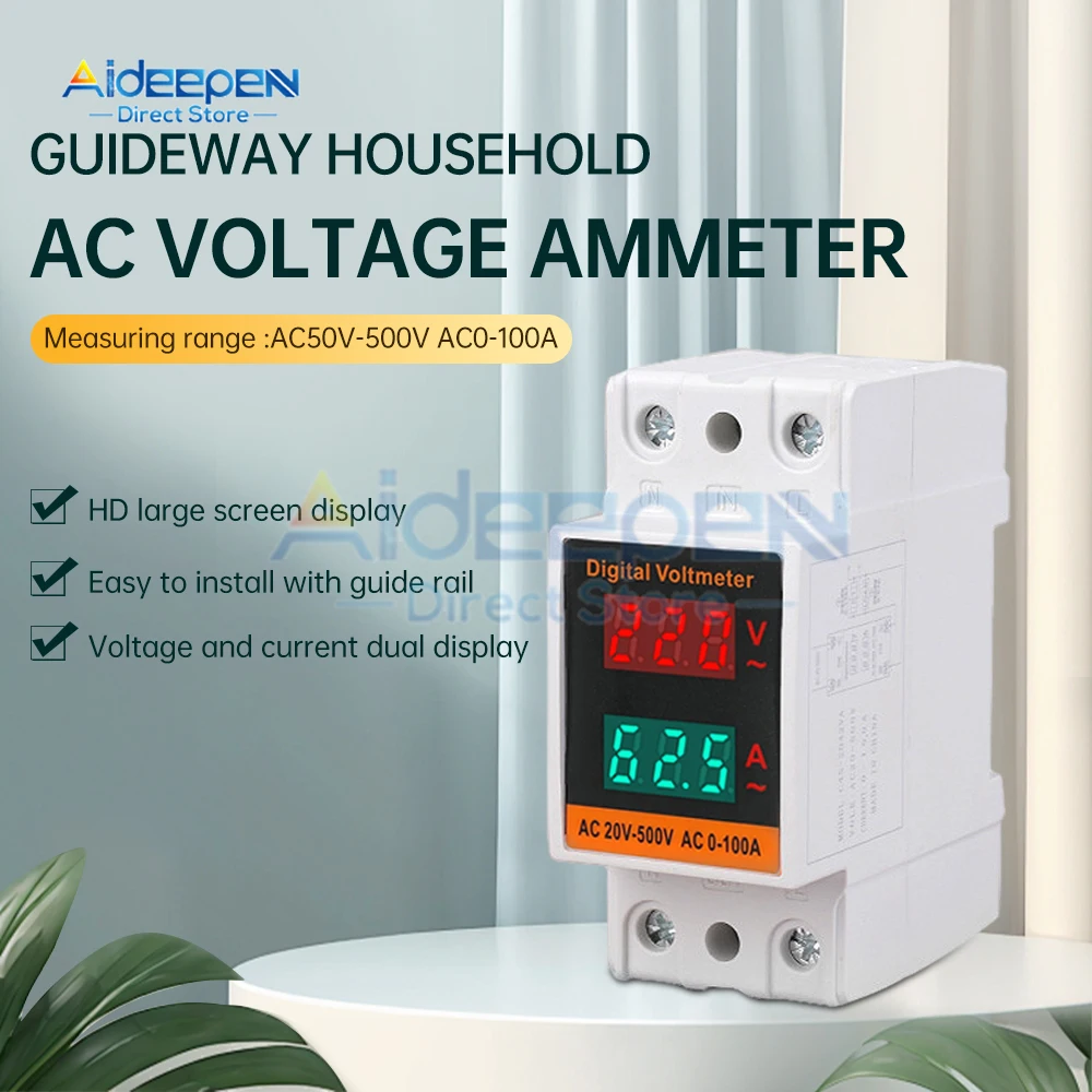 35mm Din Rail LCD Dual Digital AC Voltmeter Ammeter AC 220V 380V Electricity Meter AC 50-500V 100A Monitor Built-in Transformer