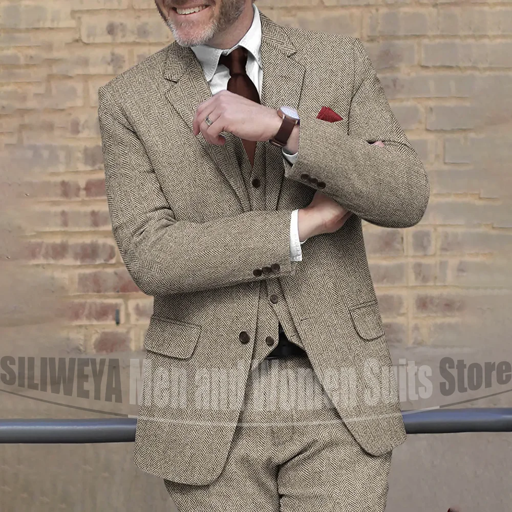 

Herringbone Men Suits 3 Pieces Chic Notch Lapel Single Breasted Outfits Smart Casual Wedding Party Suit (Blazer+Vest+Pants)