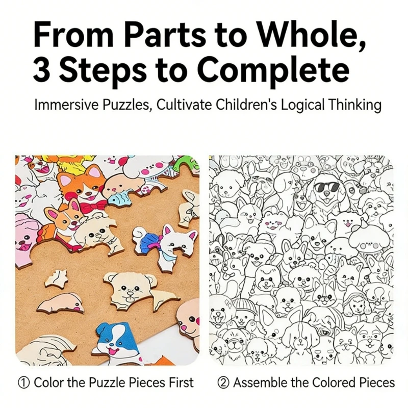 

Wooden Puppy Shaped Puzzle with Color Markers For Family Interactive Play