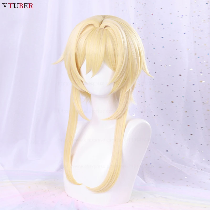 High Quality Traveller Lumine Cosplay Wig Mid Long Blonde Heat Resistant Synthetic Hair Game Anime Genshin Cosplay Wigs + WigCap