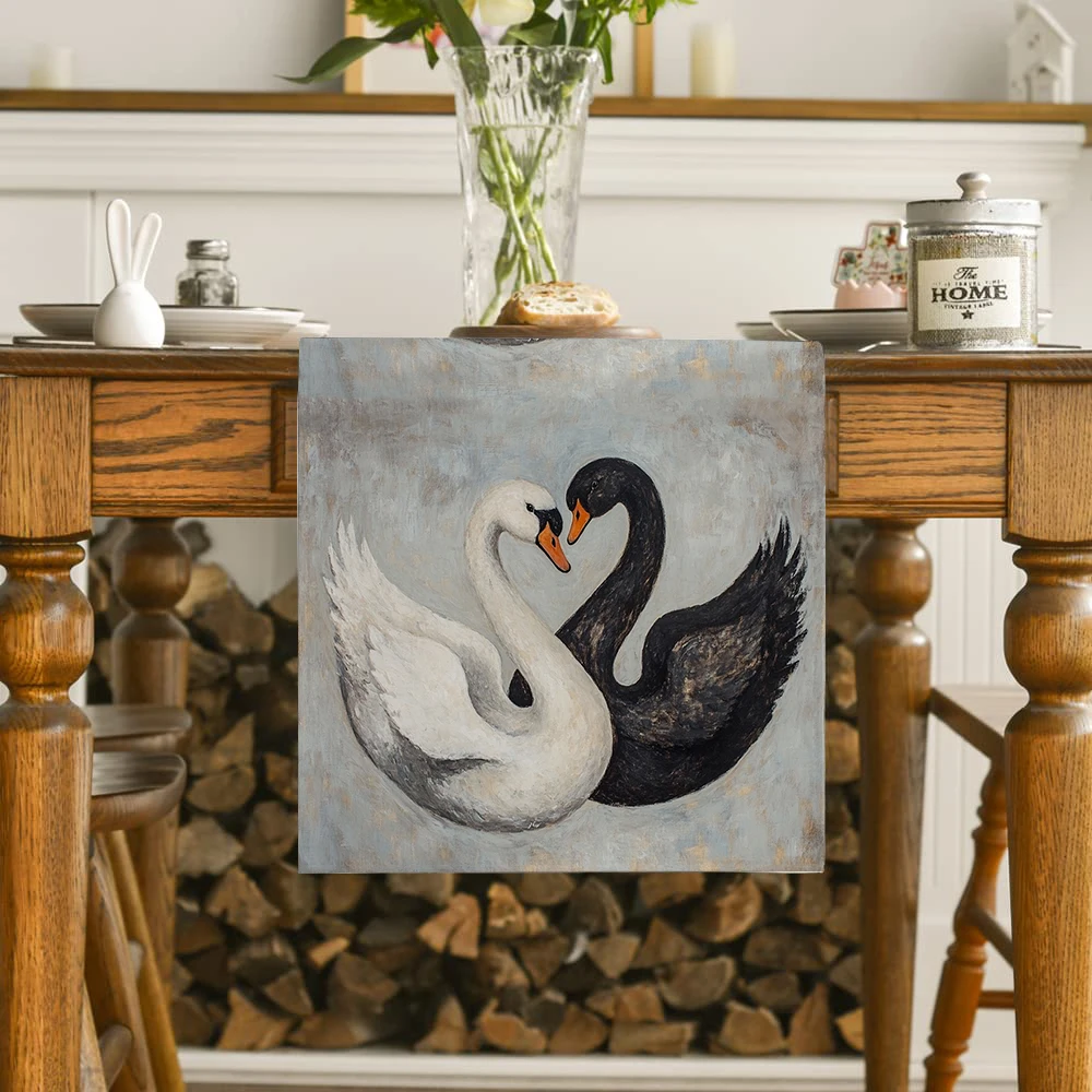 Black Swan Love Table Runner Polyester Table Runners for Dining Room Cottagecore Polyester Table