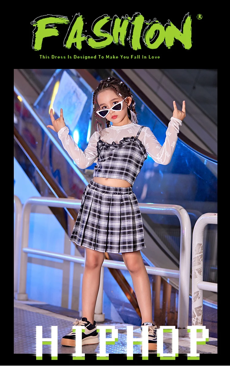 Traje de baile de Jazz Kpop a cuadros para niñas, ropa de Festival para niños, disfraz de escenario de baile de Hip Hop, Tops, Falda plisada, Ropa de baile yj429