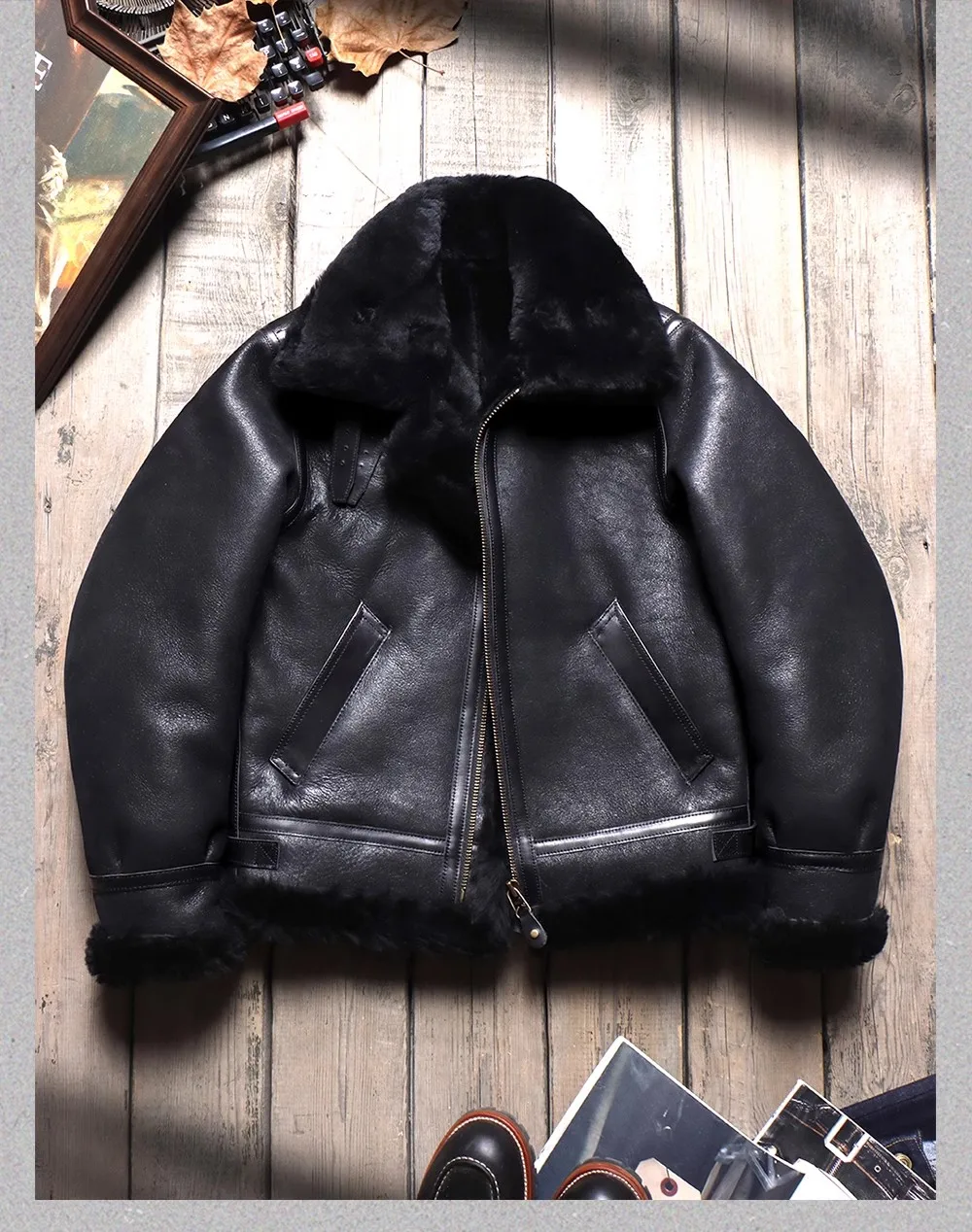 CC Shop.2023 new men thick fur jacket.Classic B3 Bomber winter warm wool coat.100% genuine leather natural shearling cloth