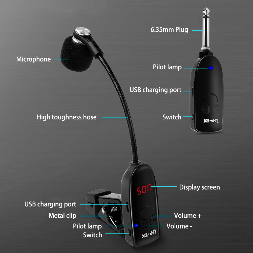 UHF Wireless saxofone microfone receptor, transmissor, 160ft gama, Plug and Play instrumentos, ótimo para trompetes