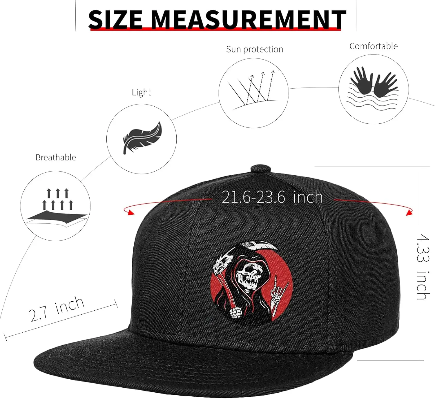 Skeleton with Sickle Theme Snapback Hat for Men, Hip Hop Baseball Cap Extender Adjustable, Classic Skull Black Trucker Hat