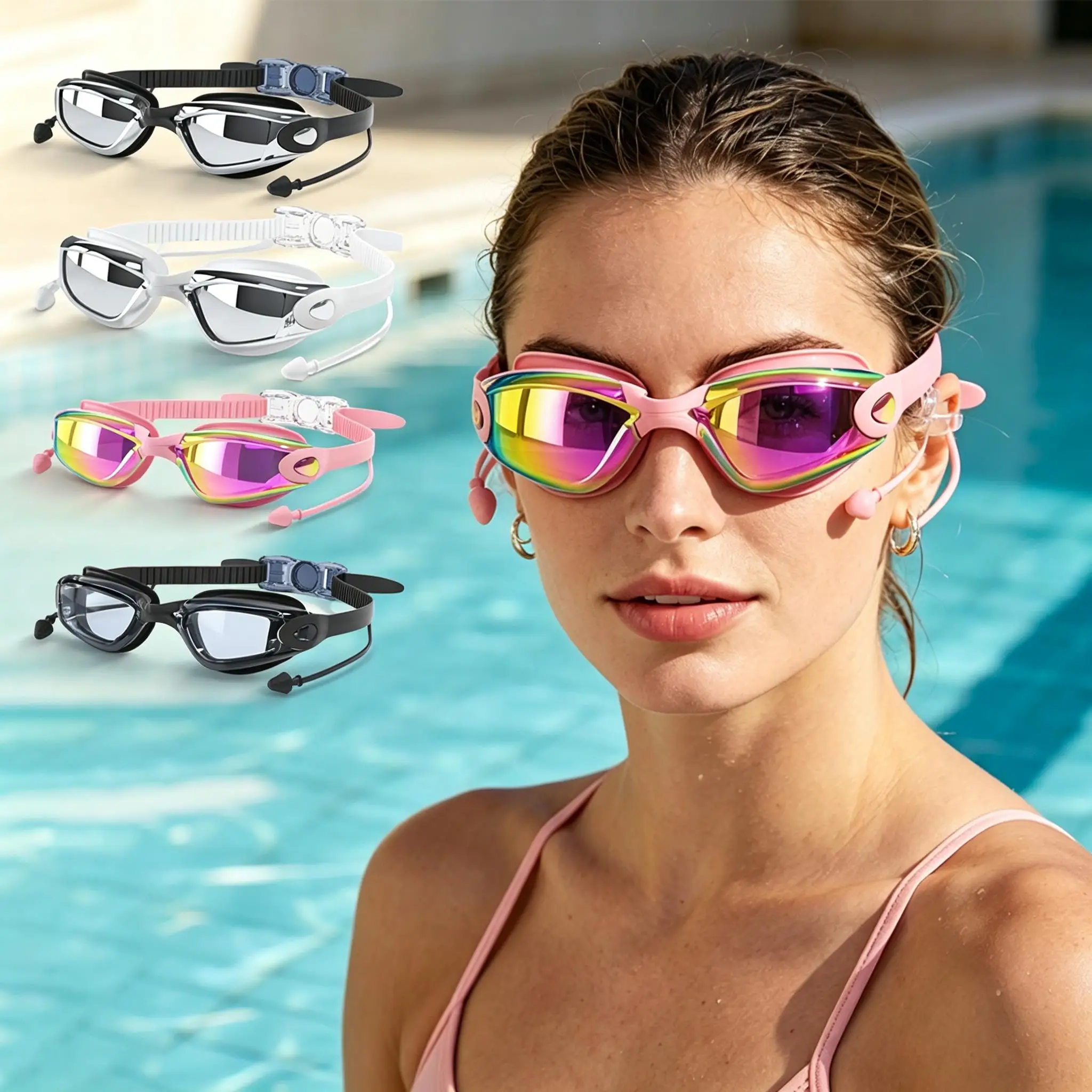 Professional Swimming Goggles with Integrated Ear Plugs for Men Women, for Competitive Racing Daily Pool Training