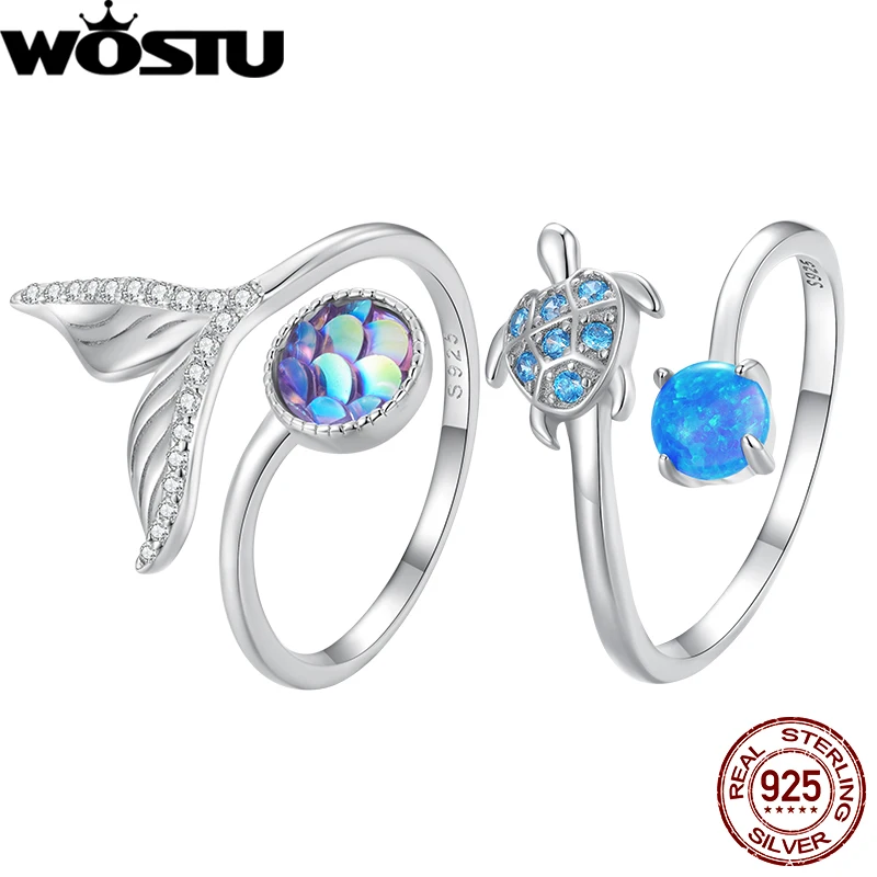 WOSTU 925 Sterling Silver Fishtail Opening Ring Adjutable Size6-9 Ocean Sea Turtle Mermaid Colorful Fish Scale Women Zircon Ring