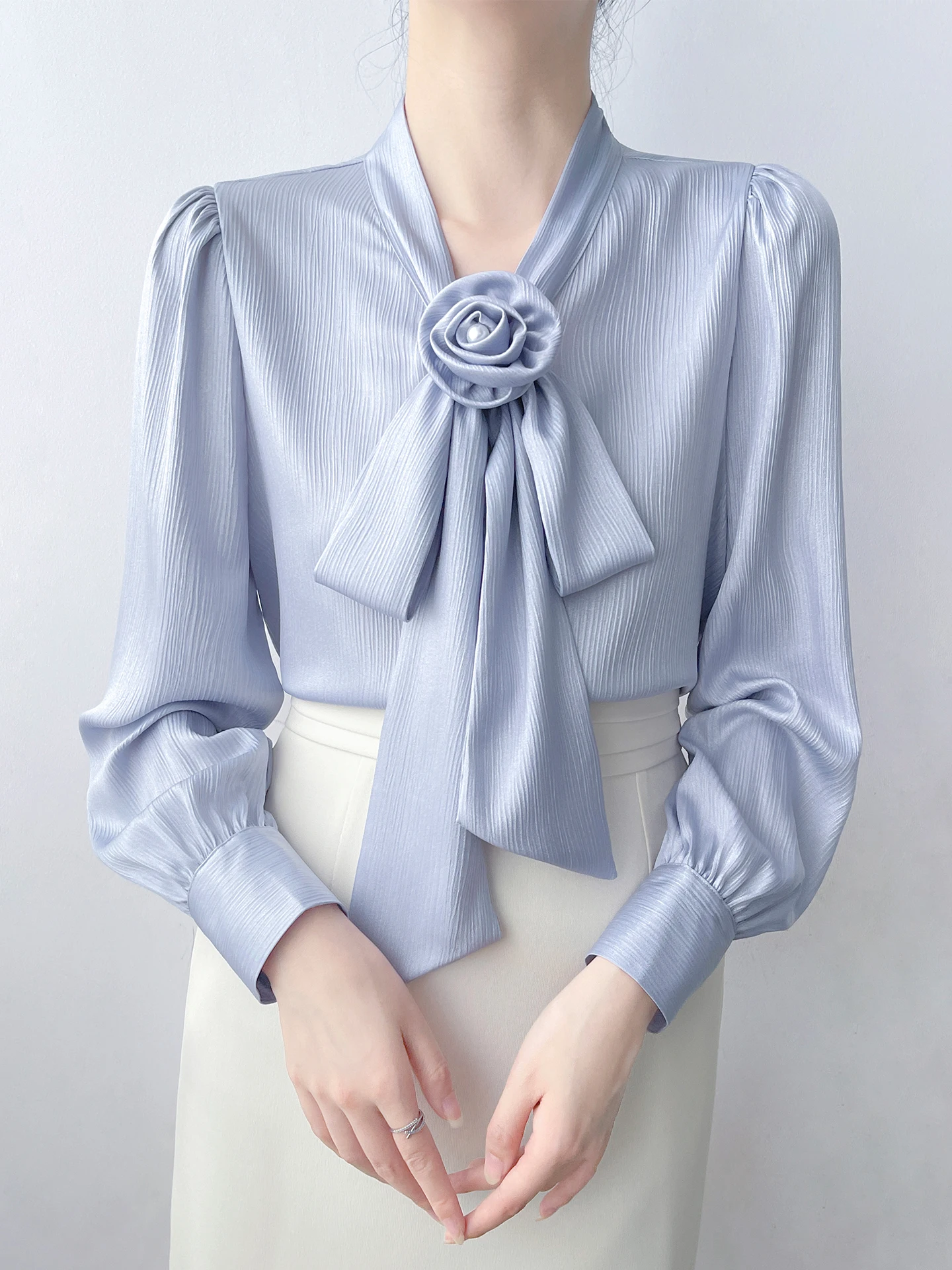 

Commuting Long Sve Blue irt for Women Removable Texture Sense Knot Ribbon Flower Top Korean Sle Loose Fit