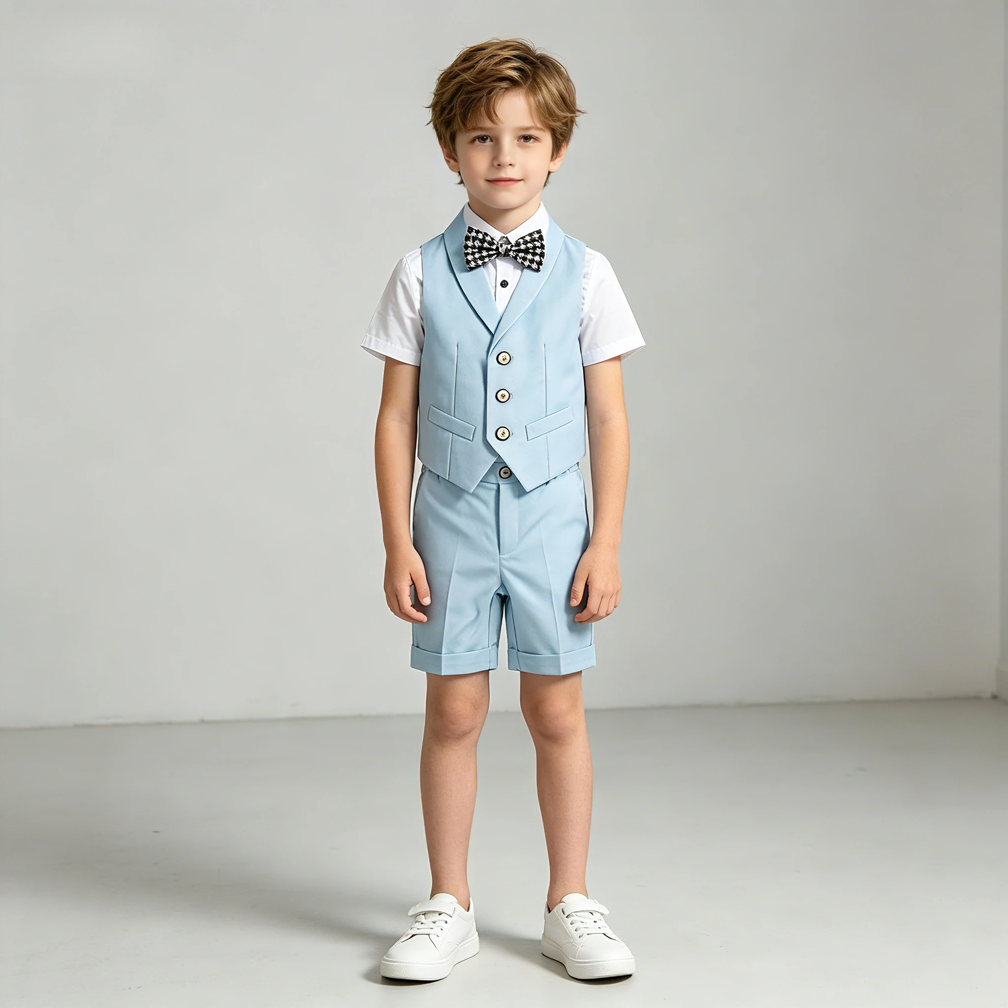 School Boys Formal Suit Set Light Blue Vest & Shorts White Shirt with Bow Tie for Wedding Birthday Party Performance Costume 8 Y