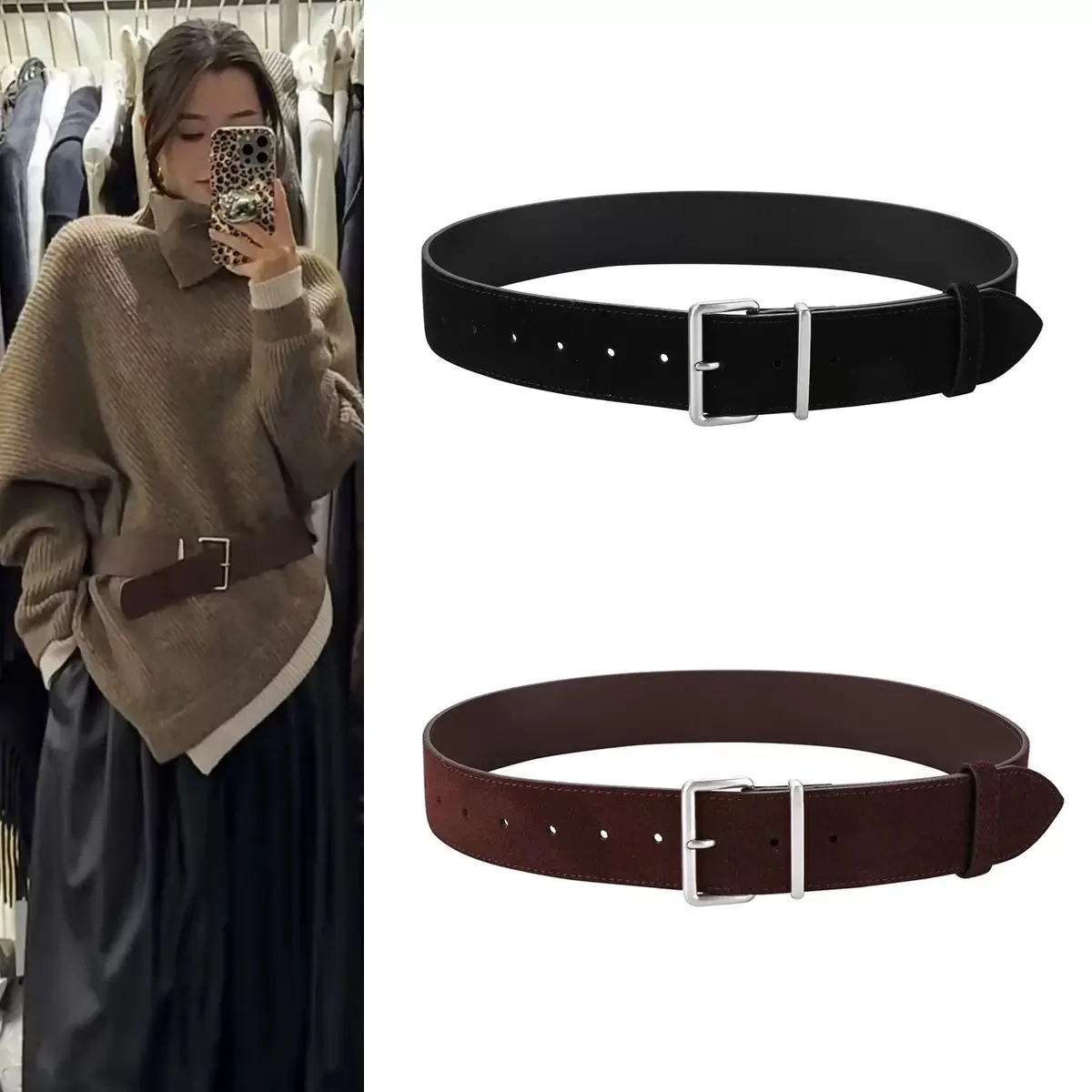 2026 Spring Luxury Wide Waistbands Real Leather Suede Silver Buckle Waist Belts Dress Coat Decoration Cowskin Ceinture Femme New