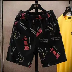 Fashion Loose Elastic Waist Printed Shirring Bandage Shorts Men's 2023 Summer New Oversized Pockets All-match Casual Shorts