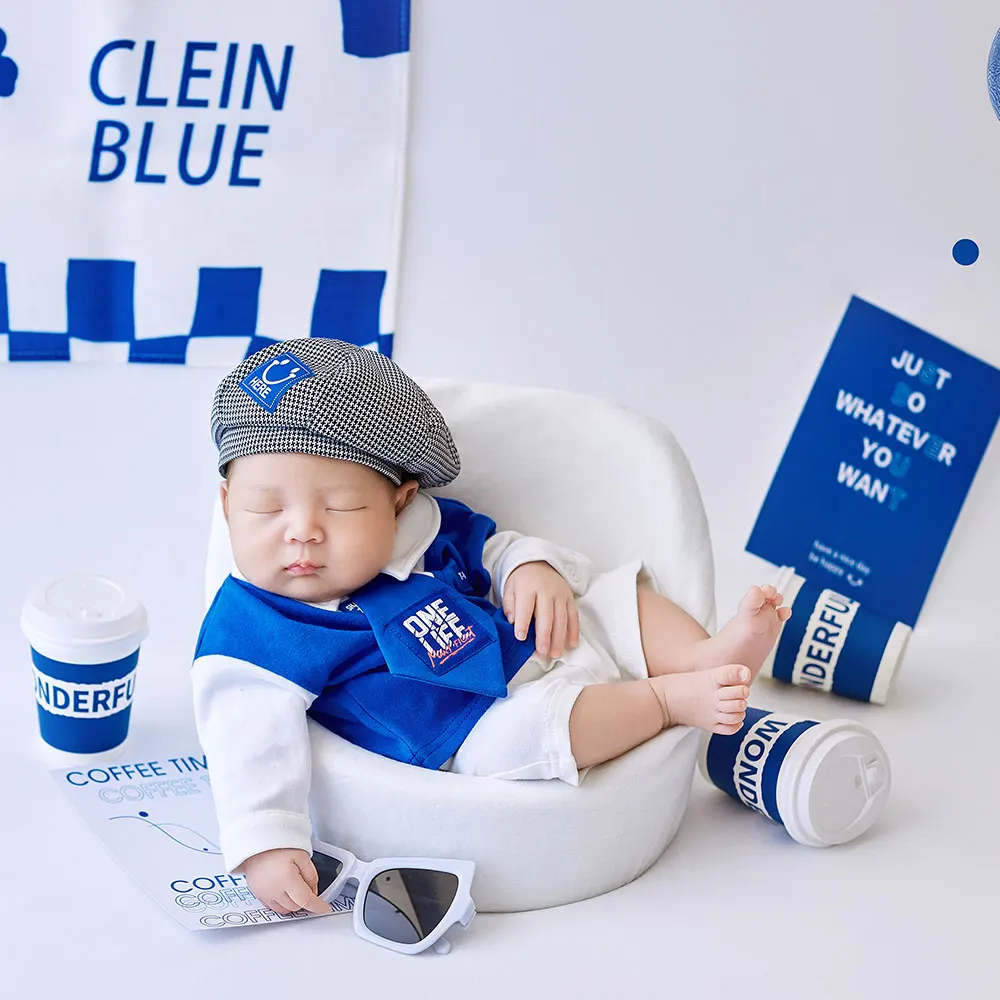 0-1 Month Newborn Photography Props for Boy Clein Blue Theme Outfits with Matching Hat and Accessories Prop for Baby Photography