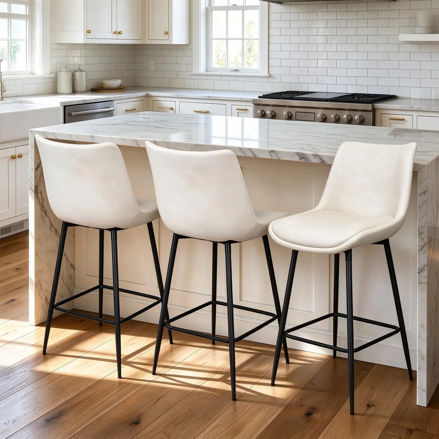 Counter Height Bar Stools Set of 3, FSC Certified Upholstered Faux Leather Barstools with Back, Metal Base, 27