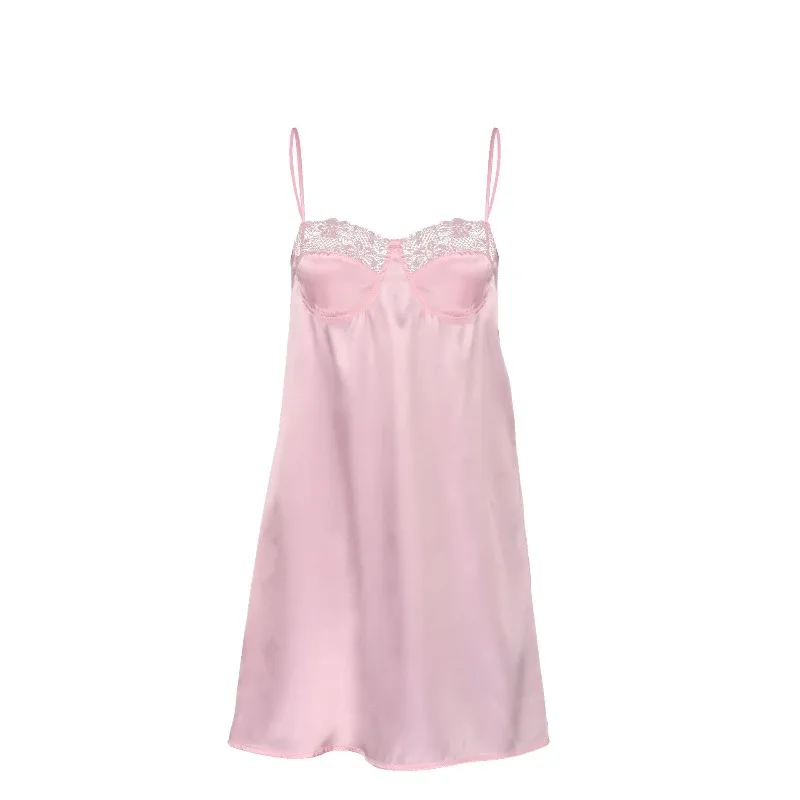 French Sexy Satin Pajamas, Fashionable Home Wear Women Cross-border Exquisite Ice Silk Backless Halter Lace-patterned Nightgown,