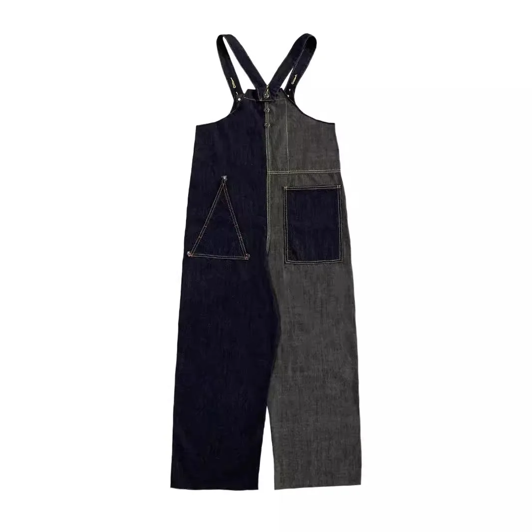 

Kapital Vintage Color-Blocked Distressed Relaxed Fit Geometric Asymmetric Pocket Suspender Wide-Leg Jeans