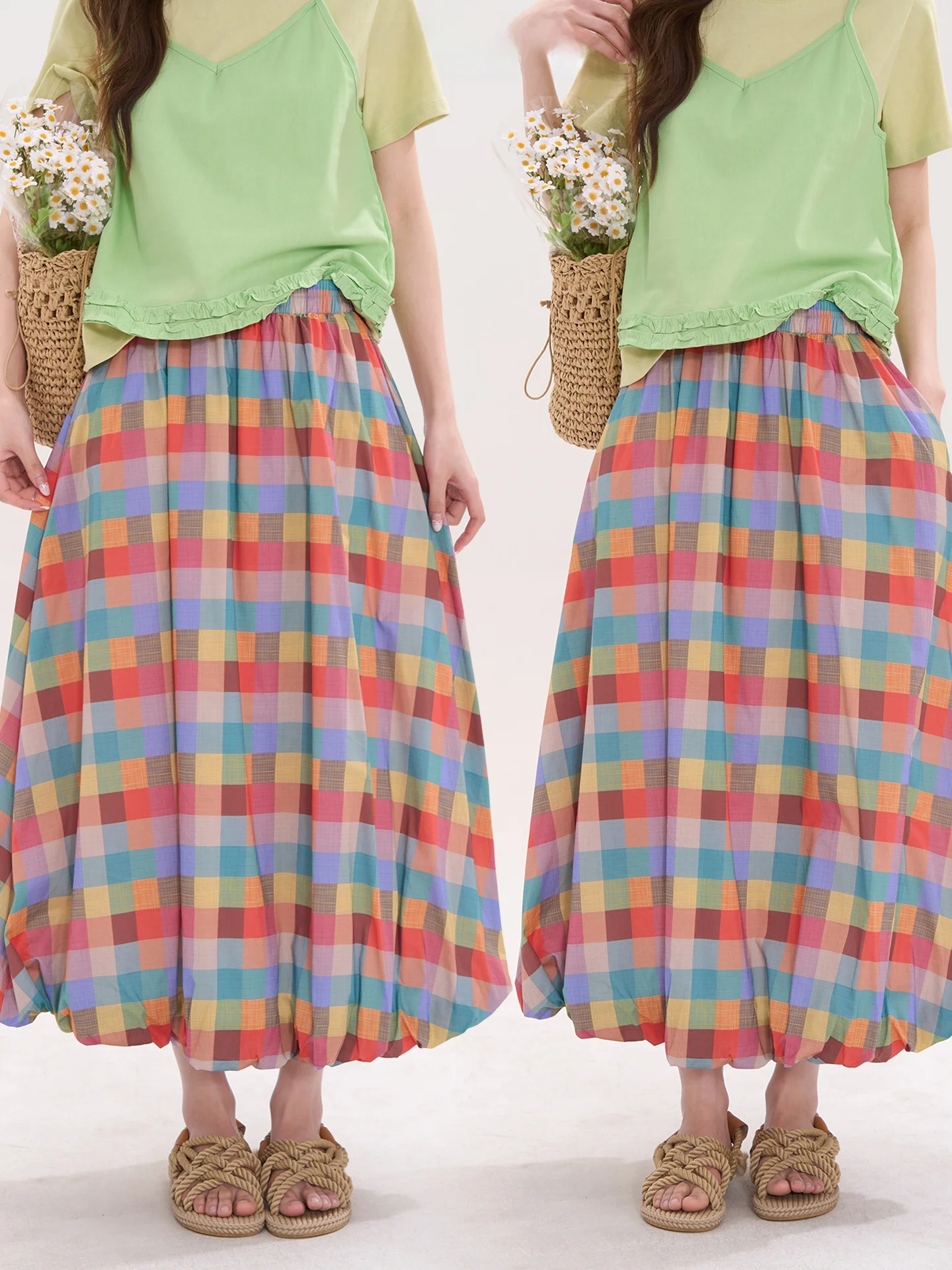 

Spring Summer A-Line Midi Skirt Floral Print Cotton Blend High Waist Half Body Girl's Plaid Bloomer Skirt Versatile Women's D...