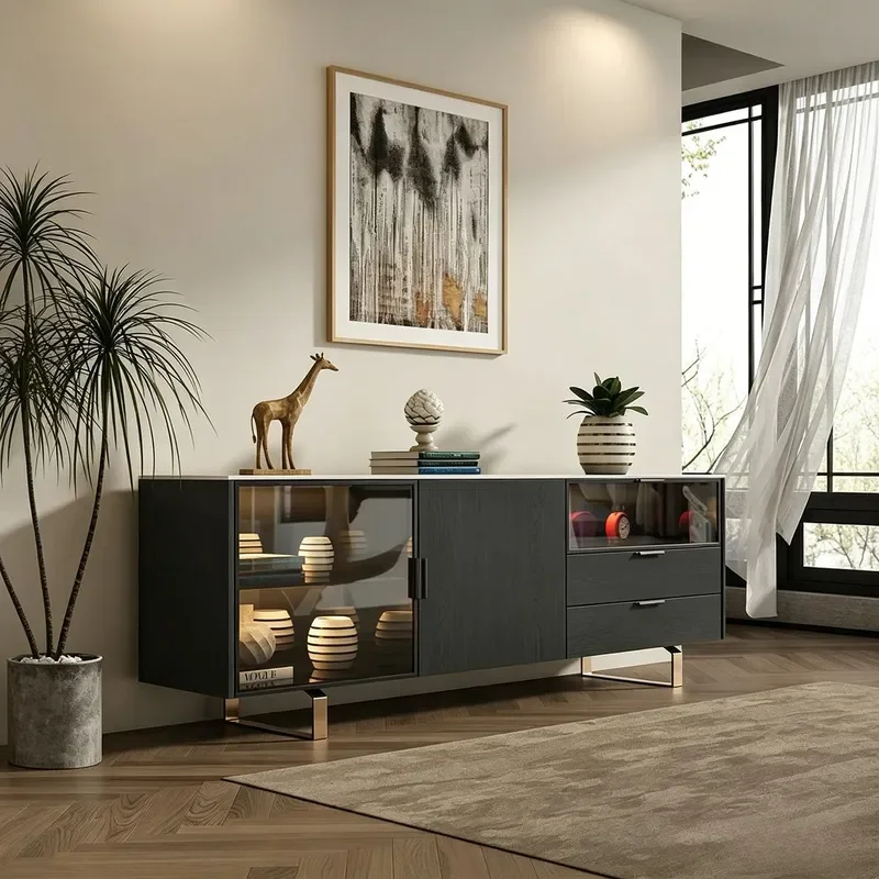 Modern Italian Style Glass TV Stand with LED Light Luxury Entryway Wine Storage Cabinet Living Room Wall Unit