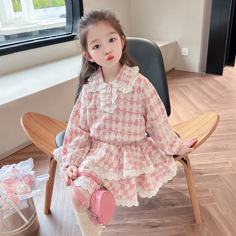 

Girls Clothes Suit Sweet Diamond Check Set 2024 Spring New Fashion Children Baby Girl Casual Two-piece Set Baby Girls Clothes