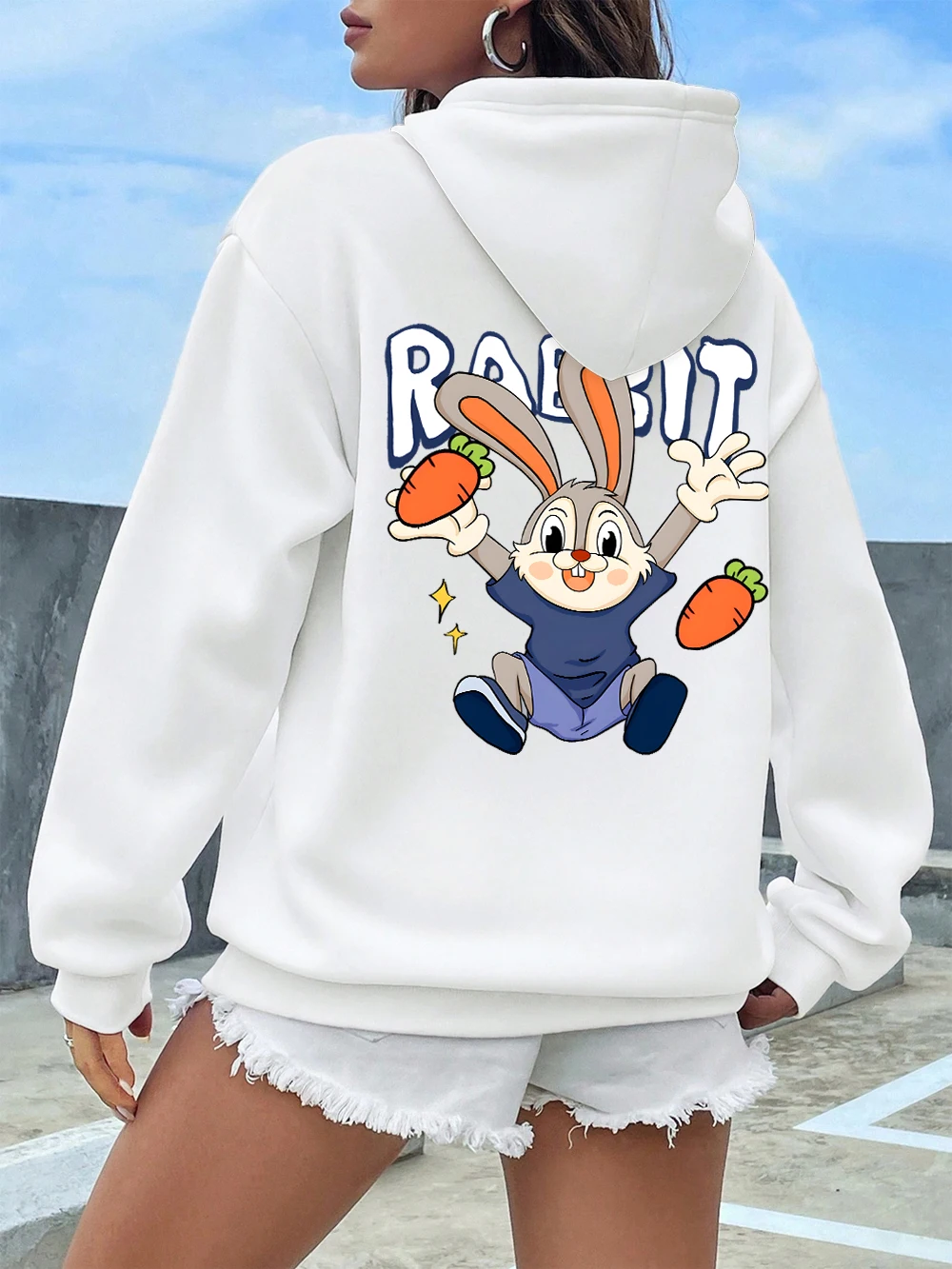 The Rabbit Holding The Carrot Prints Hoodie Women Winter Fleece Warm Pullover Casual Pocket Sweatshirt Street Pocket Clothes
